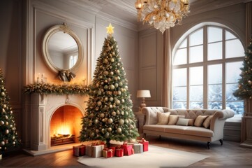 Fototapeta na wymiar Christmas holiday home background. Warm cozy burning fireplace and Xmas tree decorated, season greetings card template, banner
