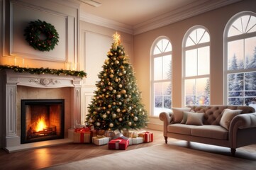 Christmas holiday home background. Warm cozy burning fireplace and Xmas tree decorated, season greetings card template, banner