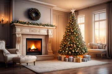 Christmas holiday home background. Warm cozy burning fireplace and Xmas tree decorated, season greetings card template, banner