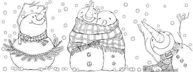 Smiling Snowmen. Ballet dancer, Cute Pair. Winter. Christmas, Happy New Year. Adult Coloring Book page. Black and white. Doodle.