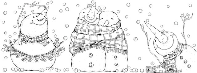 Fototapeta premium Smiling Snowmen. Ballet dancer, Cute Pair. Winter. Christmas, Happy New Year. Adult Coloring Book page. Black and white. Doodle.