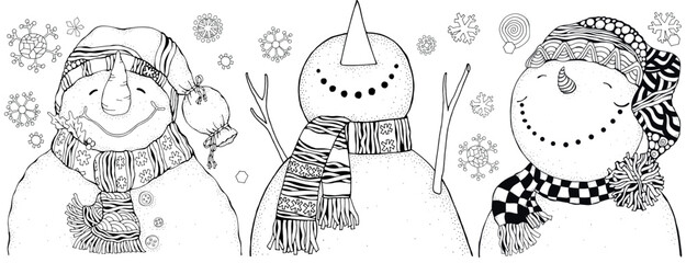 Smiling Snowmen. Winter. Christmas, Happy New Year. Adult Coloring Book page. Black and white. Doodle.