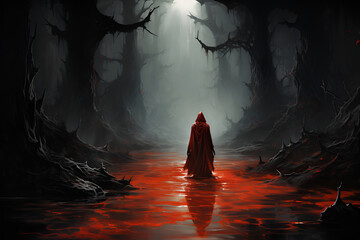 Mystical forest path at dusk and a dark abstract ghostly figure, fantasy digital illustration depicting a man and a surreal, psychedelic passage through a magical forest, Creepy concept