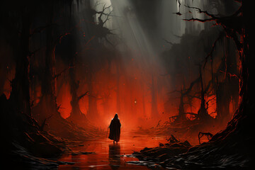 A mystical forest path at dusk and a dark abstract ghostly figure with a stick, a fantastic digital illustration depicting a man and a surreal psychedelic passage through a magical forest