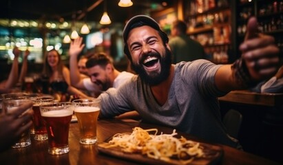 man in bar, party of beer, night life party. - obrazy, fototapety, plakaty