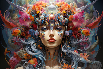 Abstract futuristic image of a beautiful spring woman with a fabulous rainbow hair of flowers and feathers, with sensual eyes. Illustration for greeting cards, posters, magazine cover - obrazy, fototapety, plakaty