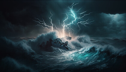 Lightning storm at sea, with a powerful and dangerous presence and a sense of raw energy and power. Generative AI - obrazy, fototapety, plakaty
