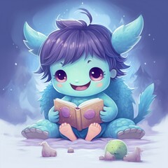 Fototapeta premium little monster reading a book, illustration for children's book