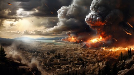 Conceptual image of disaster with city destroyed by fire and smoke
