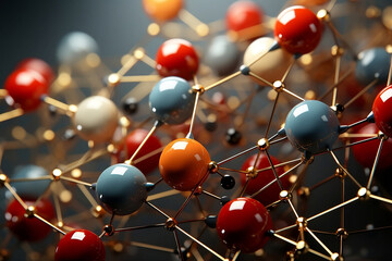 3d model of molecule, high definition photography of a network of brightly colored spheres and golden connections
