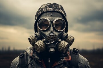 Alarming Man gas mask. War nuclear smoke. Generate Ai