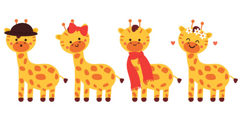 hand drawing cartoon giraffe. cute animal sticker with accessories like scarf and ribbon. cute animal sticker set