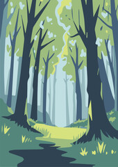 Calm forest with trees landscapes poster background flat vector illustration