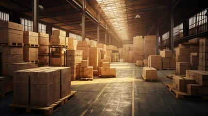 Warehouse with rows of wooden pallets in warehouse