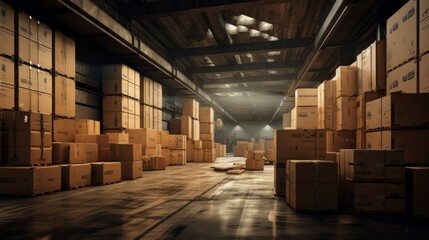 Warehouse interior with rows of boxestoned image