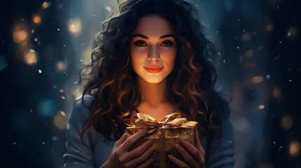 Beautiful young woman with a gift box in her hands on a dark background - obrazy, fototapety, plakaty