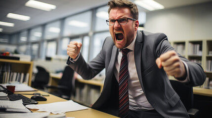 Angry corporate manager yelling in office. Businessman yelling in anger as profits declining....