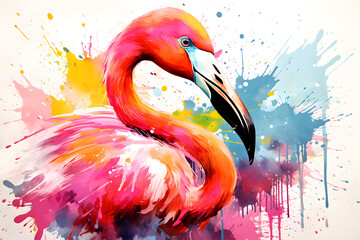 Modern colorful watercolor painting of a pink flamingo, textured white paper background, vibrant paint splashes. Created with generative AI