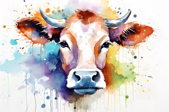 Modern colorful watercolor painting of a cow, textured white paper background, vibrant paint splashes. Created with generative AI