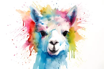 Foto auf Alu-Dibond Modern colorful watercolor painting of an alpaca, textured white paper background, vibrant paint splashes. Created with generative AI © Mihai Zaharia