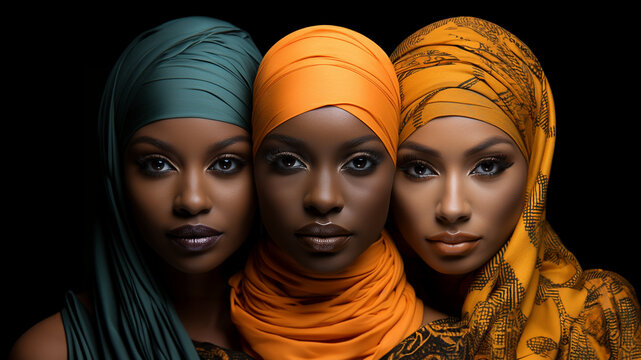 Multikulti Freundinnen als Portr&auml;t in Fashion Kleidung mit Kopftuch im Querformat als Banner, ai generativ