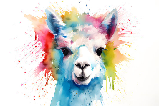Modern colorful watercolor painting of an alpaca, textured white paper background, vibrant paint splashes. Created with generative AI