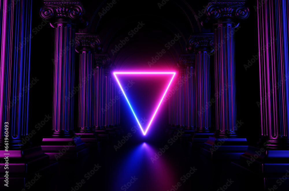 Poster 3d render of geometric background with columns and glowing neon frame.