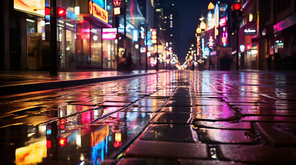 Neon City Streets: A photograph capturing the vibrant neon lights and reflections on wet city streets at night.