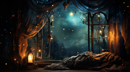 Celestial Dreams: An image of a person gazing at the night sky, filled with wonder and dreams, with the stars as night light. - obrazy, fototapety, plakaty