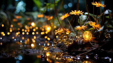 Obraz premium Garden of Fireflies: A magical garden filled with fireflies, creating a stunning light display against the dark backdrop.
