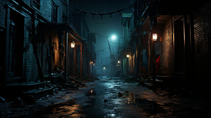 Dark Alleyway: A mysterious and slightly eerie urban alley at night, lit by a single streetlight, evoking intrigue.