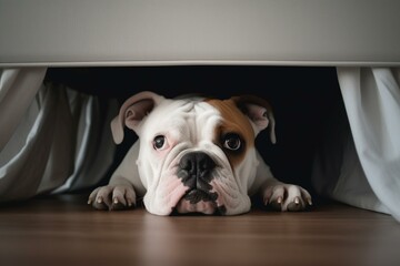 A fearful dog hides beneath furniture and anxiously looks up. The image symbolizes pet's mental health, overemotionality, and insecurities. Generative AI