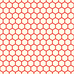 Repeated white polygons on red background. Honeycomb wallpaper. Seamless surface pattern design with regular hexagons. Grill motif. Digital paper for page fills, web designing, textile print. Vector