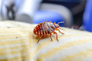 Close up of a single bed bug on fabric in a house - obrazy, fototapety, plakaty