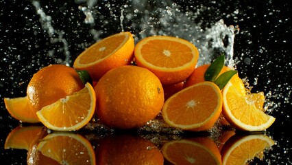 Pile of Oranges with Splashing Water Around.