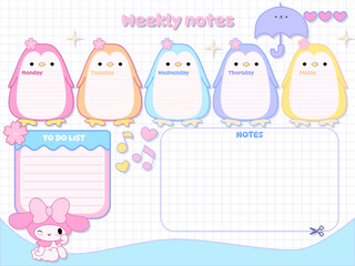 Timetable Chalkboard diary kids inspiration notebook elements sticker design personal template kawaii cartoon penguin animal character on paper planner for school timetable notes 
