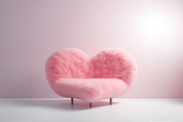 Pink fluffy huge sofa in the shape of a chubby heart, side elevation view, on empty white room. - obrazy, fototapety, plakaty