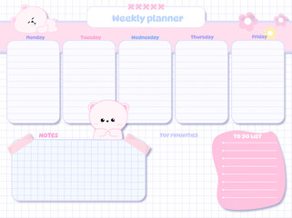 Cute inspiration notepaper kawaii design printable .  White pink pages for tags , weekly notes,  to do list, timtable minimal style with cartoon animal character tags cake flower