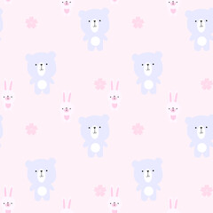 Cute Seamless pattern kawaii sweet animals cartoon character bear's flowers 