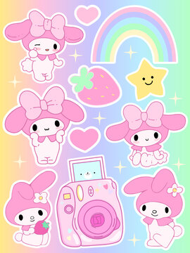 Big sticker set  cute cartoon pink bunny with melody, stars, rainbow on purple background. Kawaii sticker pack 