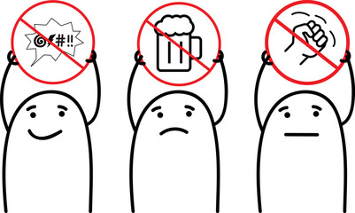 signs, prohibited, allowed, swearing, drink, fighting, stickman, stick, man internet, sketch, illustration, vintage, person, print, face, people, doodle, portrait, memes, tees, black, ink, art, elemen