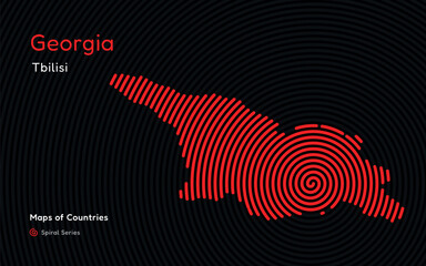 Isolated abstract spiral vector hatched map of Georgia on a black background, identifying its capital city, Tbilisi. Spiral fingerprint series
 - obrazy, fototapety, plakaty