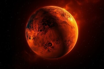 Fiery planet's orange surface in outer space. Generative AI