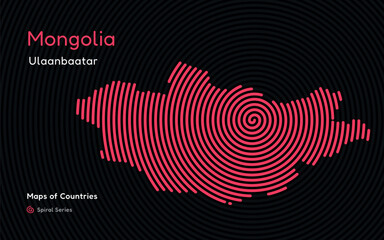 Isolated abstract spiral vector hatched map of Mongolia on a black background, identifying its capital city, Ulaanbaatar. Spiral fingerprint series
