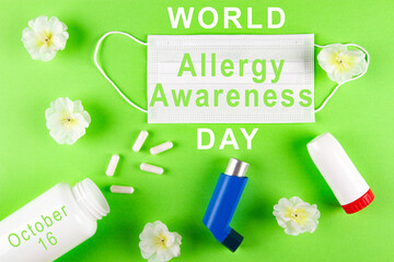 World Allergy Awareness Day observed on October 16. Poster with white inscription, surgery mask,...