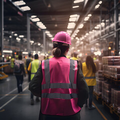 Occupational Health and Safety worker from behind in pink reflective vest and helmet standing in production hall