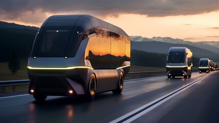 Futuristic public transport of the near future, a bus traveling on a suburban highway.