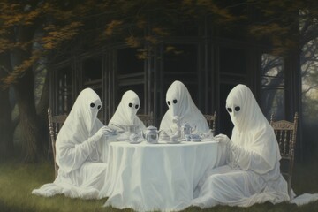 Unusual Ghosts take tea picnic house. Face smoke. Generate Ai