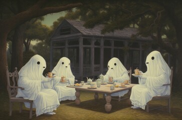 Ghosts take tea picnic house. Face smoke. Generate Ai