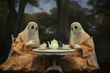 Atmospheric Ghosts take tea picnic house. Face smoke. Generate Ai